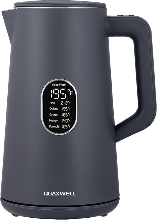 1.5L Electric Kettle Stainless Steel, Double Wall Cool Touch Teapot, Fast Boil,5 Temperature Control, LED Display, Auto Shut-Off, BPA-Free,Keep Warm Function, Ideal for Tea & Coffee,Gray