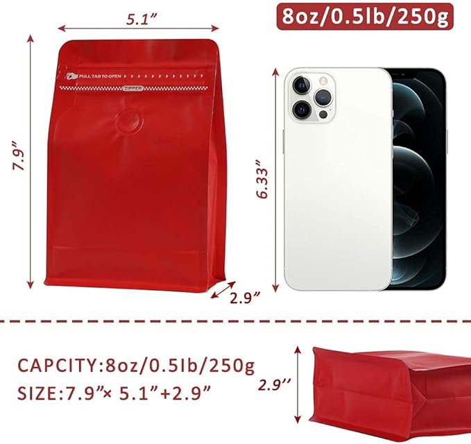 Coffee Bags with Valve (50pcs,8oz) Red High Barrier Aluminumed Foil Flat Bottom Standing Coffee Beans Storage Bags,Reusable Heat Sealable Side Zipper Pouches for Home or Store