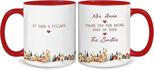 Personalized It Takes a Village Thank You Mug – Custom Coffee Cup with Name – Appreciation Gift for Teacher, Nanny, Mentor, or Friend – Unique Retirement or Holiday Present