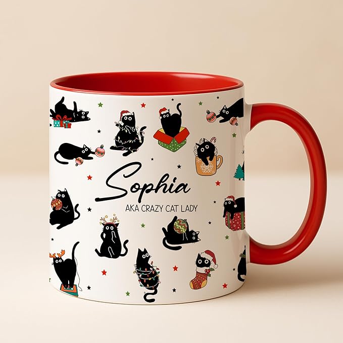 Personalized Cat Coffee Mug - Funny Black Cup - Christmas Birthday Anniversary Graduation Gift For Mom From Daughter - Cute Tea Mug For Women Cat Lover Present