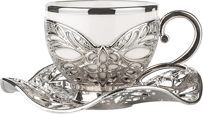 Alisveristime Turkish Coffee Set for Six, 6 White Porcelain Cups with Gilded, Zamac Holders and Saucers, Two Color Variations: Gold and Silver (Gilded-Design) (Silver)