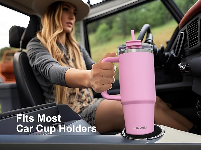 SUNWILL Coffee Tumbler with Handle, 30 oz Travel Mug with Lid and Straw Insulated, Stainless Steel Cup Leak Proof for Travel & Outdoor, Cupholder Friendly, Powder Coated Pink
