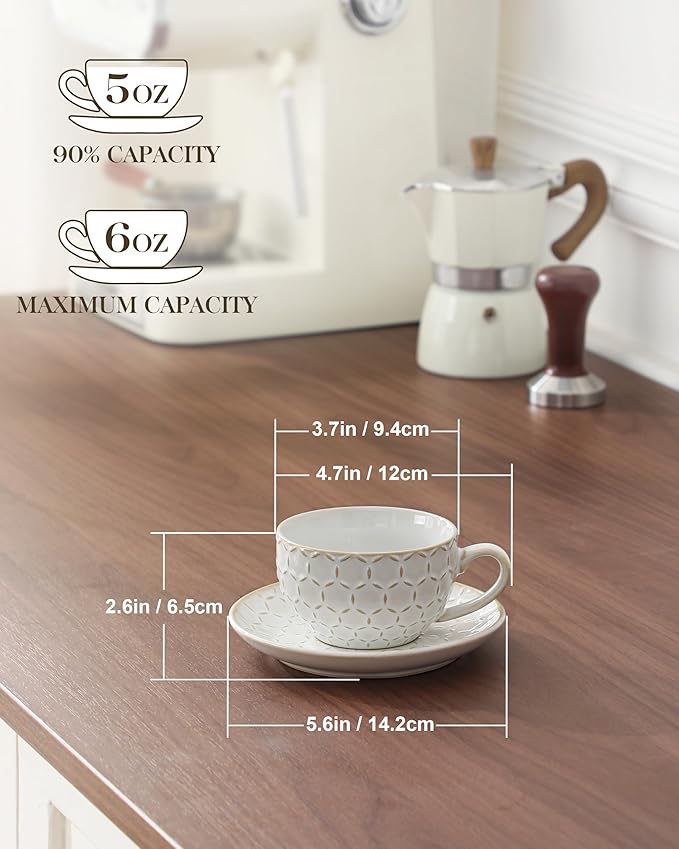 MALACASA 6 OZ Cappuccino Cups with Saucers Set of 4 - Ceramic Stackable Tea Cups and Saucers, Embossment Coffee Mugs for Tea, Latte and Mocha, Dishwasher Safe, Arctic white