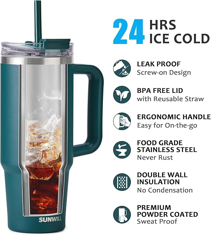SUNWILL Travel Coffee Mug with Lid, 30 oz Tumbler with Handle and Straw Leak Proof, Stainless Steel Cup Insulated for Office & Camping, Cupholder Friendly, Powder Coated Deep Teal