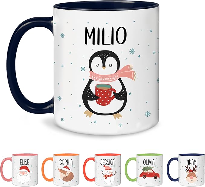 Personalized Funny Christmas Hot Cocoa Mug – Penguin, Santa, Reindeer & Snowman Custom Coffee Cup – Santa Gift, Unique White Elephant Exchange Present, Holiday Gag Ceramic Mug