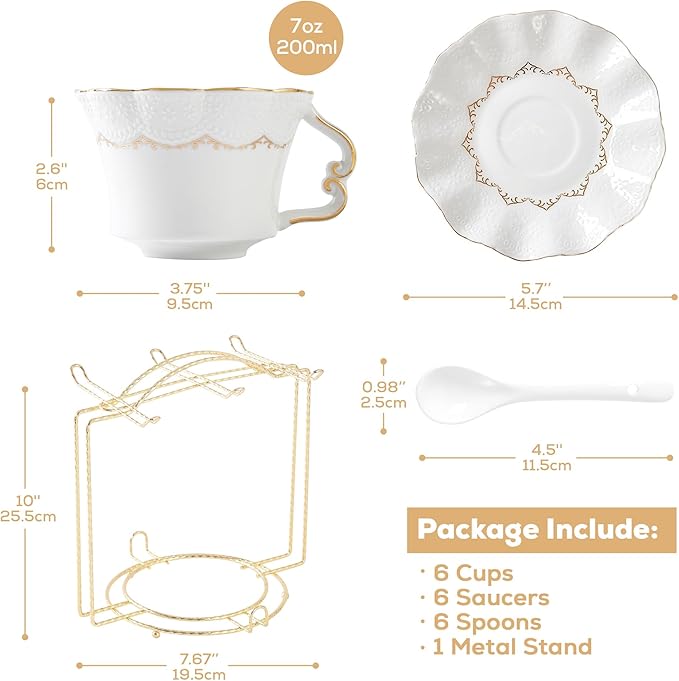 DUJUST Tea Cups and Saucers with Golden Trim,Set of 6 (7 OZ), Luxury Relief Printing Coffee Cups with Metal Stand, British Royal Porcelain Tea Party Set - White