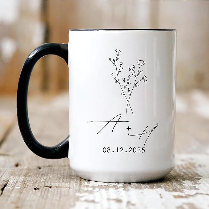 Personalized Mr and Mrs Coffee Mug Set – Custom Initials & Date Design with Minimal Floral Line Art – Wedding Gift for Couple, Engagement Keepsake, Anniversary Present Ceramic Cups