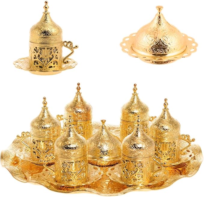 Alisveristime 6-Piece Set Turkish Espresso Coffee Cups with Saucer, Lid, Traditional Ottoman Tulip Motif (Multiple Color Variations) (Lale) (Gold)