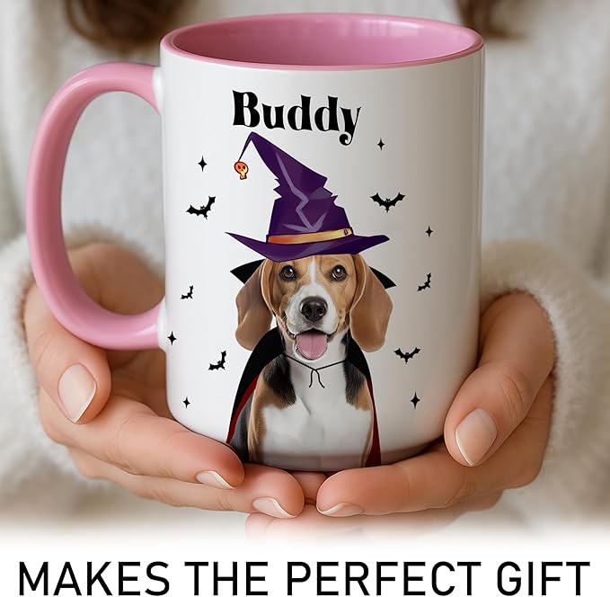Personalized Halloween Dog Mug Custom Pet Photo Cup Halloween-Birthday-Christmas Gift For Dog Lovers From Pet Parents Add Name-Image Cute Witch Beagle Ceramic Coffee Mug