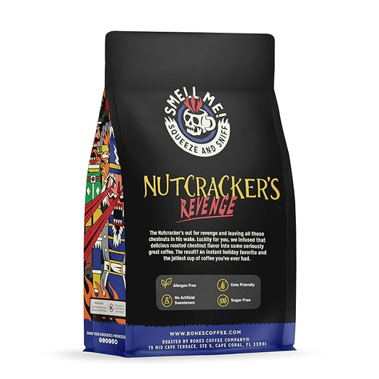 Bones Coffee Company Nutcracker's Revenge, Roasted Chestnut Flavored Coffee, Medium Roast Low Acid Arabica Beans Compatible with Auto drip and French Press Coffee Maker, 12 Oz Whole Bean