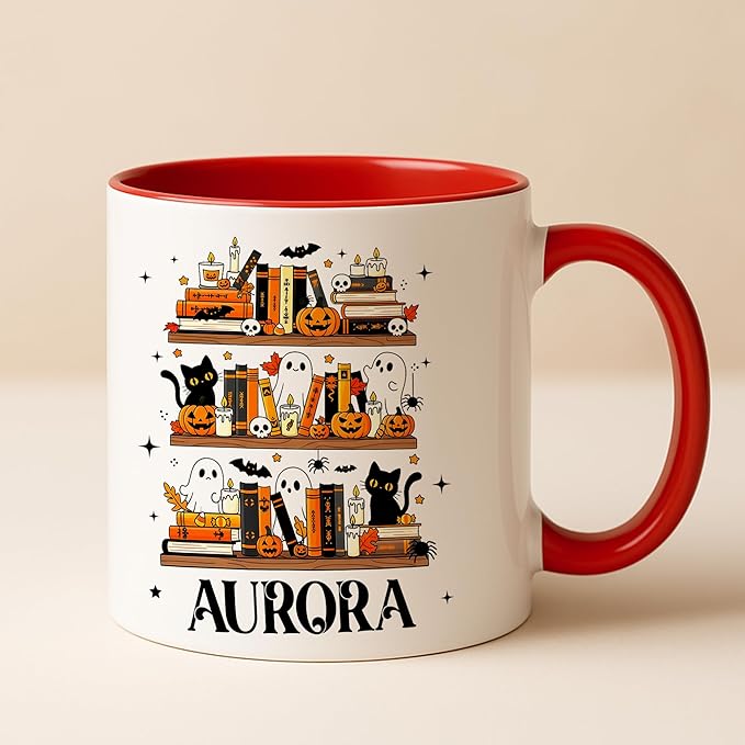 Personalized Halloween Book Lover Coffee Mug – Custom Cute Ghost and Black Cat Cup with Pumpkin Bookshelf Design – Fall Coffee Mug for Women, Spooky Bookish Gift for Readers