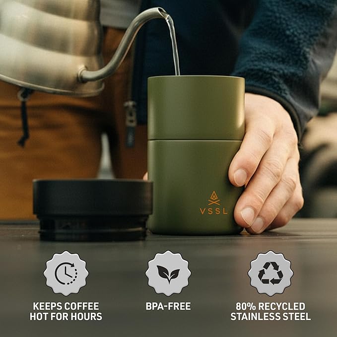 VSSL - Nest Pour Over Coffee Set | Coffee Maker for Camping | All-In-One Travel Pour Over | Transportable Dripper, 10oz Stainless Steel Travel Mug | Compact Storage & Adventure Ready | Deep Moss
