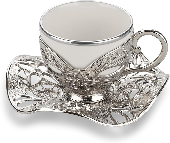Alisveristime Turkish Coffee Set for Six, 6 White Porcelain Cups with Gilded, Zamac Holders and Saucers, Two Color Variations: Gold and Silver (Gilded-Design) (Silver)