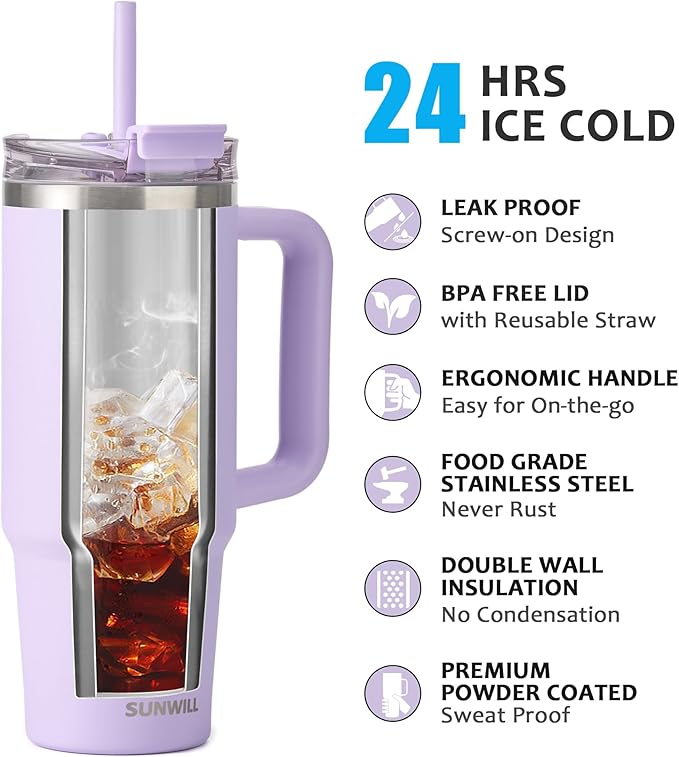 SUNWILL Coffee Tumbler with Handle, 30 oz Travel Mug with Lid and Straw Insulated, Stainless Steel Cup Leak Proof for Travel & Outdoor, Cupholder Friendly, Powder Coated Orchid