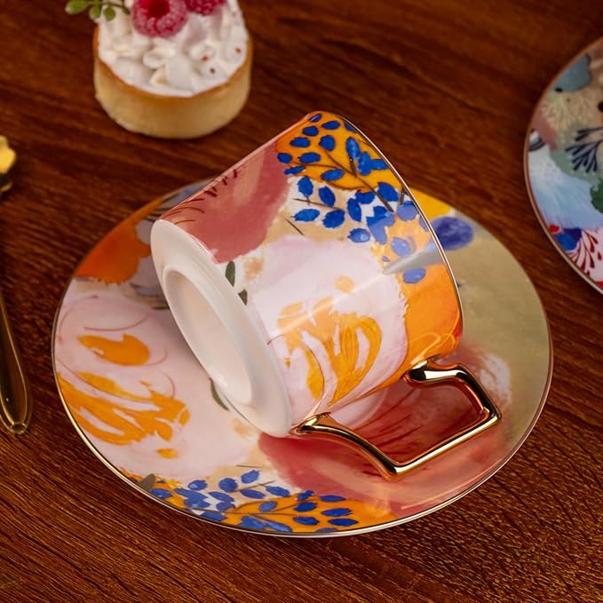 KAMMAK Tea Cups and Saucers Set of 2, Fine Bone China Coffee Cups, 8.5-Ounce Stackable Espresso Mugs, Ceramic Demitasse for Coffee, Cappuccino, Latte, Americano, Tea, Floating World