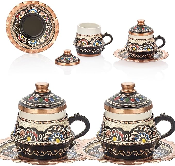 Copper Turkish Arabic Coffee Cup and Saucer Set of 2 Espresso Inner Porcelain Persian Ottoman Vintage Decor Lid Gift Serving Drinking Drinkware Drink Rustic Fancy Retro Small Mug Kitchen Accessories