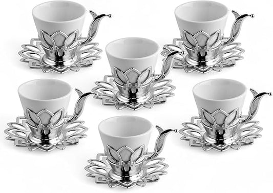 Alisveristime (Set of 6 Turkish Coffee Set with Porcelain Cups, Zamac Holders & Saucers – 80ml Capacity, Ottoman Motif, 4 Color Options (Silver)