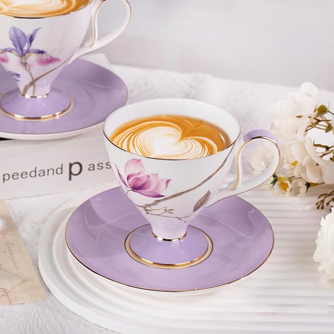 KAMMAK Ceramic Coffee Cups Saucers Set of 2, Porcelain Espresso Cups with Saucers, 8.12 oz Handcrafted Elegant Bone China Tea Cups, Purple Hibiscus & Iris Flower Pattern Teacup for Party, Office, Gift