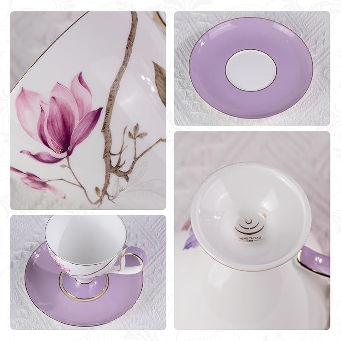 KAMMAK Ceramic Coffee Cups Saucers Set of 2, Porcelain Espresso Cups with Saucers, 8.12 oz Handcrafted Elegant Bone China Tea Cups, Purple Hibiscus & Iris Flower Pattern Teacup for Party, Office, Gift