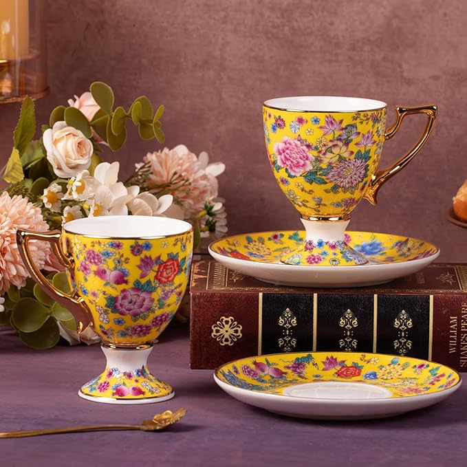 KAMMAK Tea Cups and Saucers Set of 2, Porcelain Coffee Cups with Saucer for Espresso, Cappuccino, 7oz Vintage Yellow Floral Ceramic Demitasse Mug for Home, Tea Party, Office