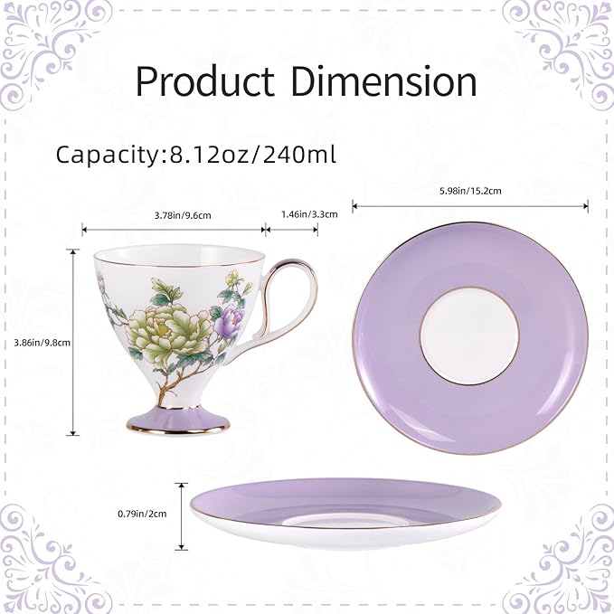 KAMMAK Ceramic Coffee Cups Saucers Set of 2, Porcelain Espresso Cups with Saucers, 8.12 oz Handcrafted Elegant Bone China Tea Cups, Purple Purple & Mint Green Flower Teacup for Party, Office, Gift