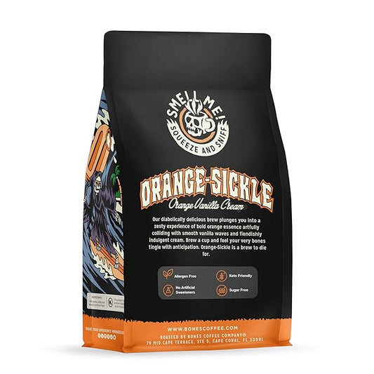 Bones Coffee Company Orange Sickle, Orange Vanilla Cream Flavored Coffee, Medium Roast Low Acid Arabica Beans Compatible with Auto drip and French Press Coffee Maker, 12 Oz Ground