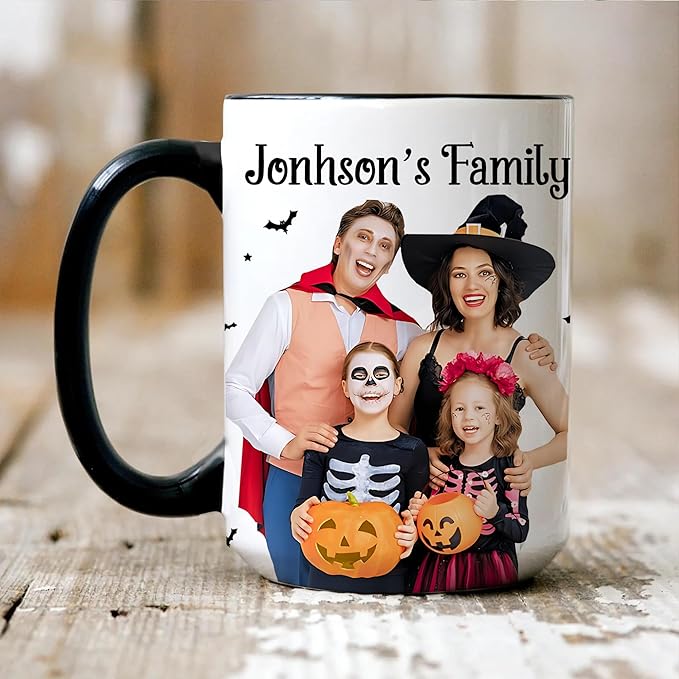 Personalized Halloween Family Photo Mug 2025 – Custom Photo Coffee Cup With Name – Funny Halloween Birthday Gift For Parents - Kids - Friends - Christmas