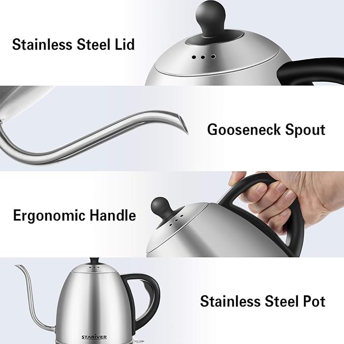 Stariver Electric Kettle Gooseneck Kettle, 1L Water Boiler, BPA-Free, Pour Over Tea Pot Stainless Steel for Coffee & Tea with Fast Heating, Auto-Shut Off and Boil-Dry Protection Tech