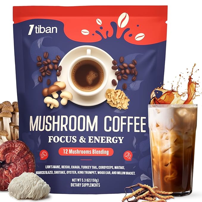 Mushroom Coffee Sugar Free, 12 Mushrooms Powder Blend Ashwagandha, Lion's Mane, Chaga and Probiotics, Mushrooms Instant Coffee for Focus, Digestion & Immunity - 30 Servings