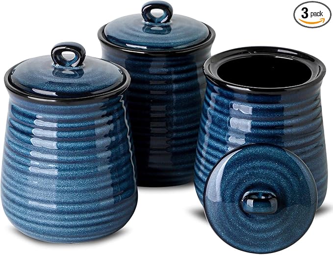 Ceramic Food Storage Jars,25 Oz Porcelain Kitchen Canisters with Airtight Lids Set of 3,Flour Containers for Countertop,Farmhouse Decor Serving Ground Coffee,Tea,Sugar,Pasta and Rice,Blue