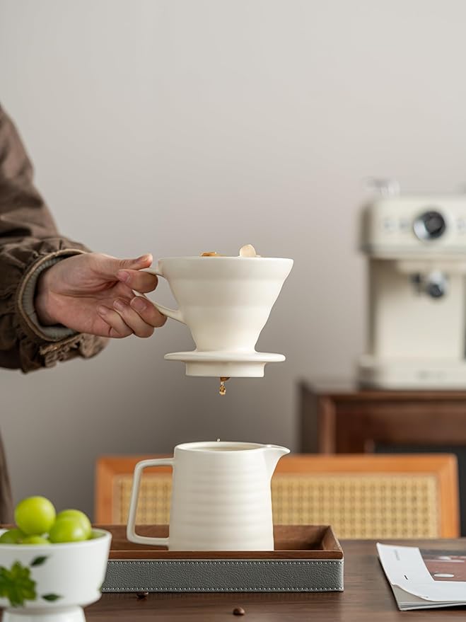 Pour Over Coffee Maker Set,Ceramic Coffee Maker With 40 pcs Paper Filter，15oz/450ml Pour Over Coffee Dripper (White)