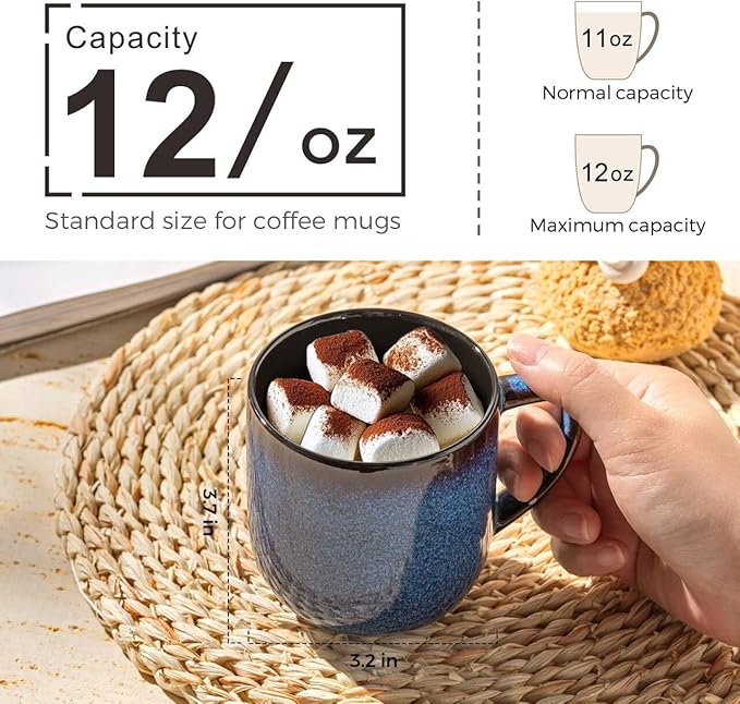 LERATIO 12OZ Ceramic Coffee Mugs Set of 6, Large Porcelain Coffee Cups With Large Handle For Latte,Cappuccino,Milk,Cocoa,|Dishwasher&Microwave Safe Mug Sets,Ideal for Man,Woman,Dad, Mom-Blue