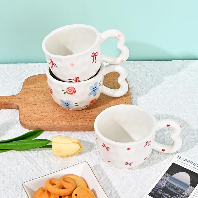 Koythin Ceramic Coffee Mug, Cute Creative Heart Handle Mug Design for Office and Home, Dishwasher and Microwave Safe, 10.5 oz/300 ml for Tea Latte Milk (Ribbon Bow)