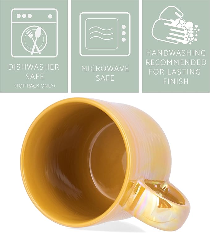 Elanze Designs Glossy Reactive Glaze Large 17 Fluid Ounce Everyday Kitchen Food Grade Ceramic Stoneware Coffee Mug Cup with Comfort Curved Handles, Set of 4, Gold Tone