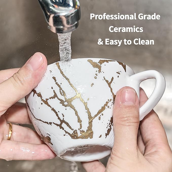 LUKA Ceramic Demitasse Espresso Cups Set with Saucers and Metal Stand, 8 oz Porcelain Stackable Cappuccino Cups Teacup For Tea, Espresso, Latte, Coffee, Cafe Mocha, Set of 4, White