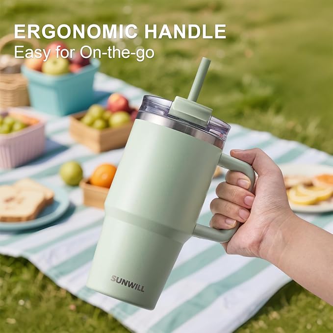 SUNWILL Travel Coffee Mug with Lid, 20 oz Tumbler with Handle and Straw Leak Proof, Stainless Steel Cup Insulated for Office & Gym, Cupholder Friendly, Powder Coated Matcha Cream