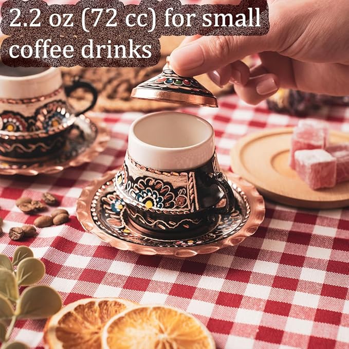 Copper Turkish Arabic Coffee Cup and Saucer Set of 2 Espresso Inner Porcelain Persian Ottoman Vintage Decor Lid Gift Serving Drinking Drinkware Drink Rustic Fancy Retro Small Mug Kitchen Accessories