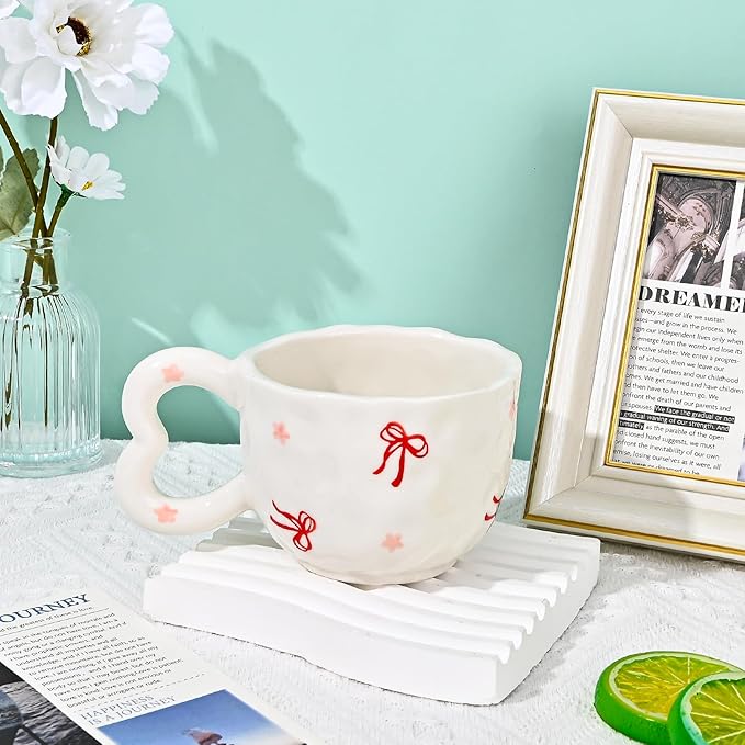 Koythin Ceramic Coffee Mug, Cute Creative Heart Handle Mug Design for Office and Home, Dishwasher and Microwave Safe, 10.5 oz/300 ml for Tea Latte Milk (Ribbon Bow)