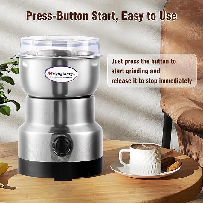Moongiantgo Coffee Grinder Electric, Mini Spice Grinder, 200W 10s Fast Grinding, Dry Grain Mill for Spices Seeds Rice Beans Seasonings, with Replacment Stainless Steel Blade (Silver, 110V)