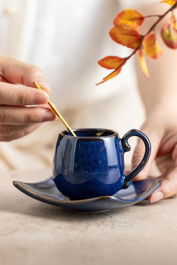 LYEOBOH 3oz Espresso Cups with Saucers, Small Coffee Cups Set of 6 with Spoons and Metal Stand, Ceramic Cute Demitasse Cups for Housewarming Wedding Gift, Cobalt Blue