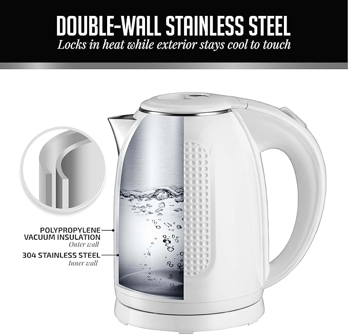OVENTE 1.7L Double Wall Electric Tea Kettle, 1100W Water Boiler and Heater with Cool-Touch Exterior, Stainless Steel Insulated Interior, Auto Shut-Off, Boil-Dry Protection & Locking Lid, White KD64W