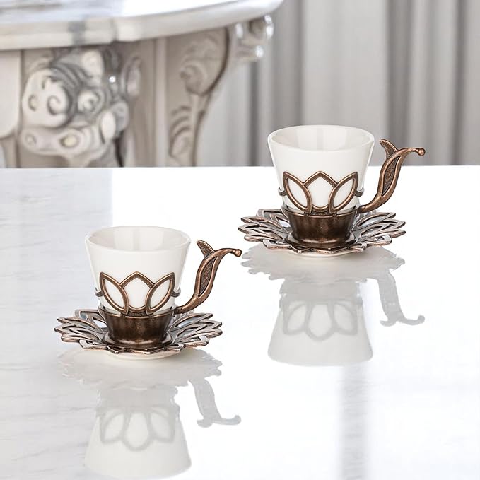 Alisveristime (Set of 6 Turkish Coffee Set with Porcelain Cups, Zamac Holders & Saucers – 80ml Capacity, Ottoman Motif, 4 Color Options (Brown)