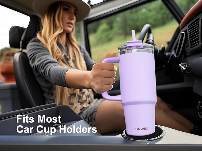 SUNWILL Coffee Tumbler with Handle, 30 oz Travel Mug with Lid and Straw Insulated, Stainless Steel Cup Leak Proof for Travel & Outdoor, Cupholder Friendly, Powder Coated Orchid