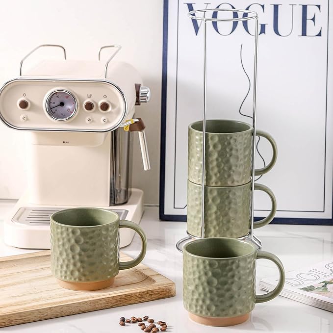 Nihow Ceramic Coffee Mug Set of 4, 16OZ Stackable Coffee Mug Set with Stainless Stand,Large Cup Set for Cappuccino,Tea,Hot/Cold Drinks,Dishwasher & Microwave Safe,Matte Green