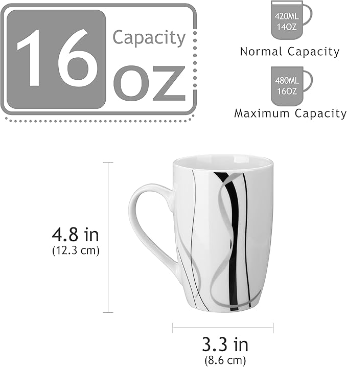 VEWEET Coffee Mugs Set of 6, 16 OZ Large Coffee Cups Set, White Mug Sets Ceramic Mugs Set with Big Handle, Microwave Dishwasher Safe, Series Fiona