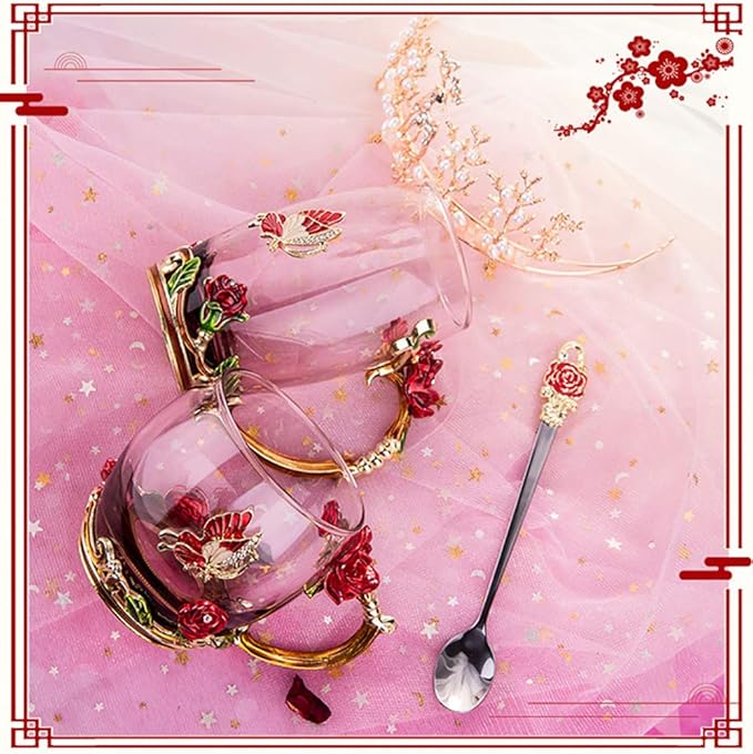 Handicraft Crystal Glass 3D Flower Cups Tea Mug With Tea Spoon Women Coffee, Tea, Juice, Beer, Milk Hot And Cold Drinks Use Gift Package. (Red Rose-Tal)
