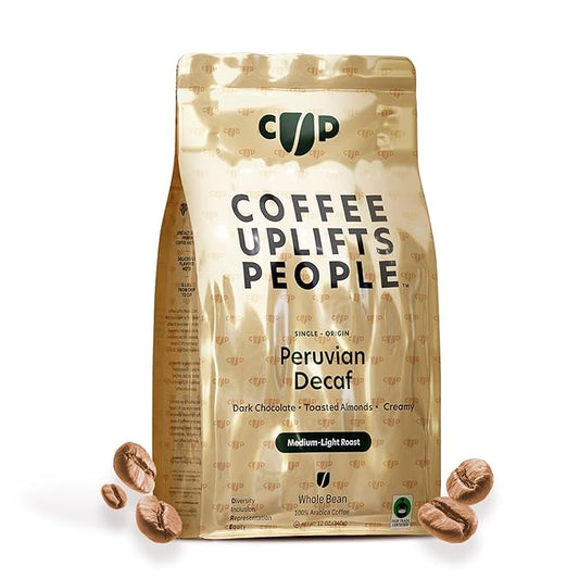 Coffee Uplifts People Peruvian Decaf Coffee - Decaf Whole Bean Coffee Medium Dark Roast - Single Origin, Specialty Grade Coffee Beans, 100% Arabica Coffee, Fair Trade - Chocolate & Almond Notes -12oz