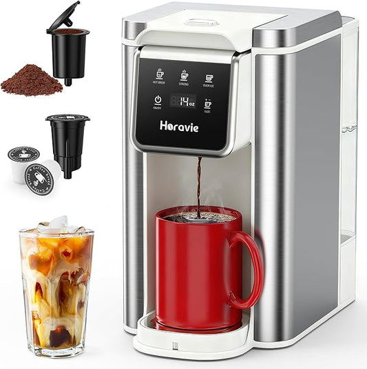 Single Serve Coffee Maker for K-Cup Pod and Grounds, Hot and Iced Coffee Maker, Strong Button Feature, 6 to 14oz Brew Sizes, 50oz Removable Reservoir, Fit 6.5" Mugs, Stainless Steel, White