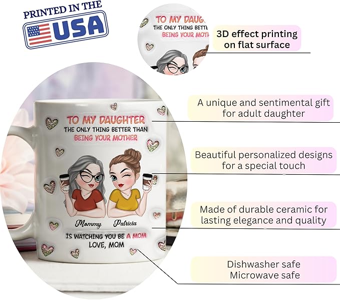 Wrappiness Daughter Mothers Day Personalized Gifts from Mom - To My Daughter Mug Custom Chibi Art and Name, Happy First Mothers Day Coffee Cup for Her - Watching You Be A Mom Gifts for New Mama