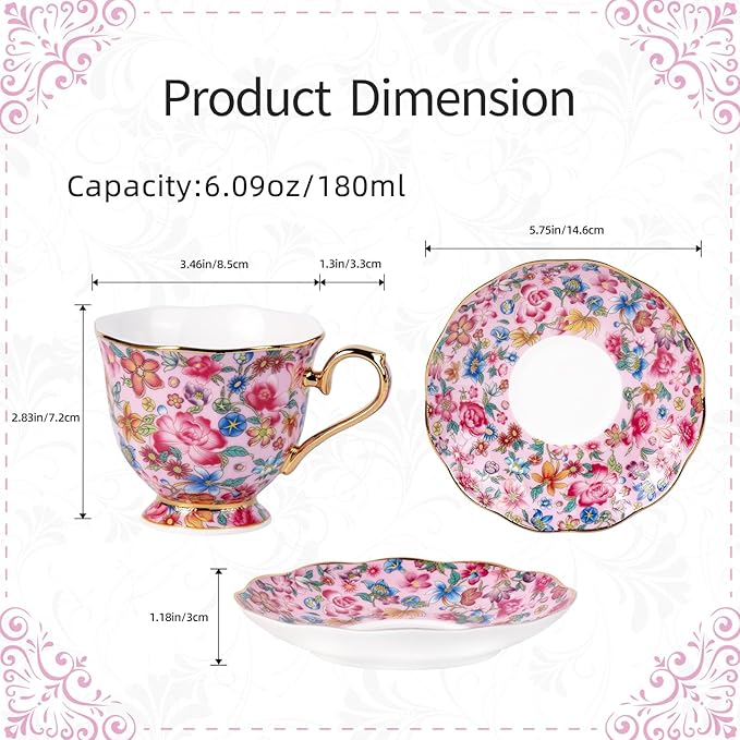 KAMMAK Tea Cups and Saucers Set of 2, Porcelain Coffee Cups with Saucer for Espresso, Cappuccino, 6.3oz Vintage Pink and Yellow Ceramic Demitasse Mug for Home, Tea Party, Office